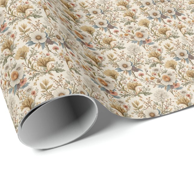 Papel De Presente Boho Floral em Bege (Ponta do rolo)
