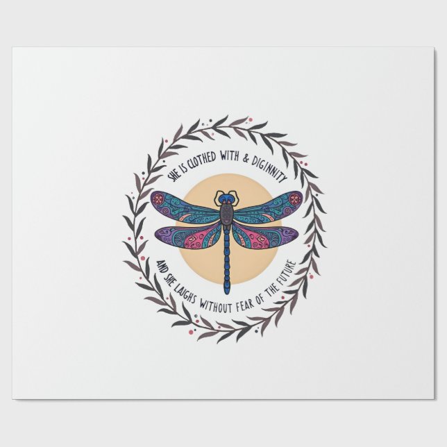 Papel De Presente Boho Floral Libélula Ela Está Revestida de Força (Aberto)