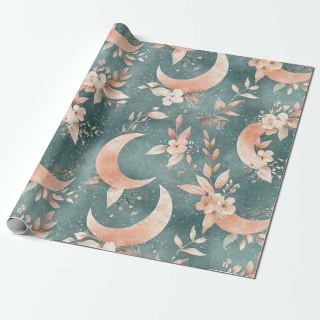 Papel De Presente Boho Floral Lua Vintage Celestial Tons Terrosos (Desenrolado)