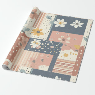 Papel De Presente Boho Floral Patchwork em Terracota e Sage