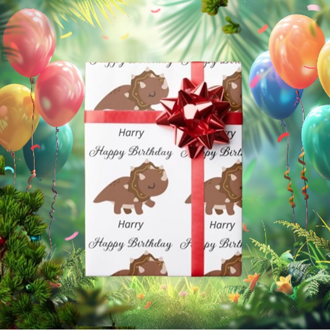 Papel De Presente Boho Happy Birthday Dinossauros Personalizados (Wrap your gifts in style with our Boho Happy Birthday Personalized Dinosaurs Wrapping Paper! )