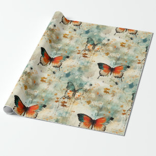 Papel De Presente Boho Laranja Azul-marinho Borboleta Flor Silvestre