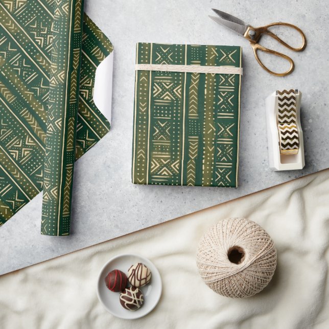 Papel De Presente Boho Linear Mudcloth | Floresta Moss (Artesanato)