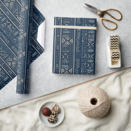 Papel De Presente Boho Linear Mudcloth | Índigo Clássico