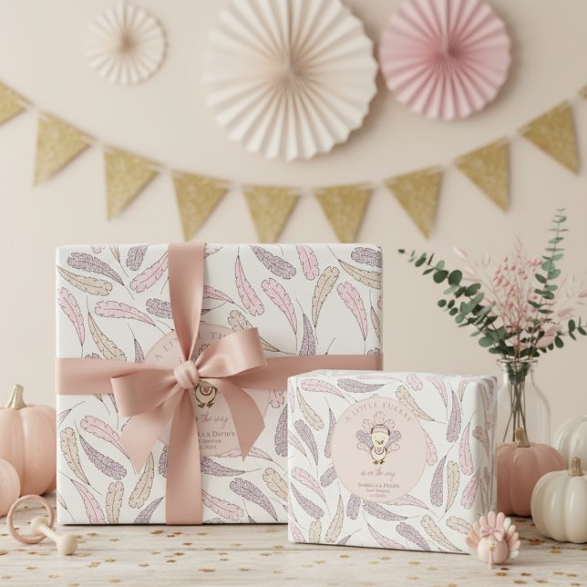 Papel De Presente Boho Little Turkey & Feather Baby Girl Chá (Cute Fall Thanksgiving Baby Shower for Baby Girl. White Pink Little Turkey Gingham Feathers Pattern.)