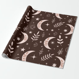 Papel De Presente Boho Lua com Folhas e Estrelas Marrom
