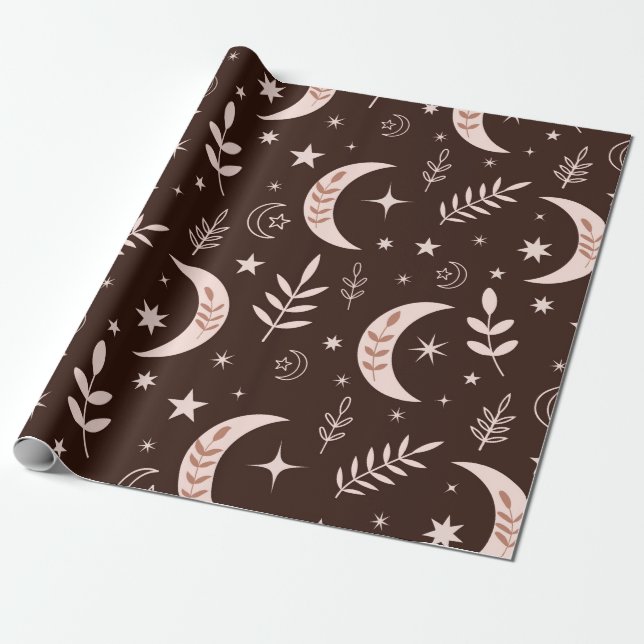 Papel De Presente Boho Lua com Folhas e Estrelas Marrom  (Desenrolado)