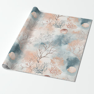 Papel De Presente Boho Luxo Padrão de Coral Costeiro em Aquarela (4)