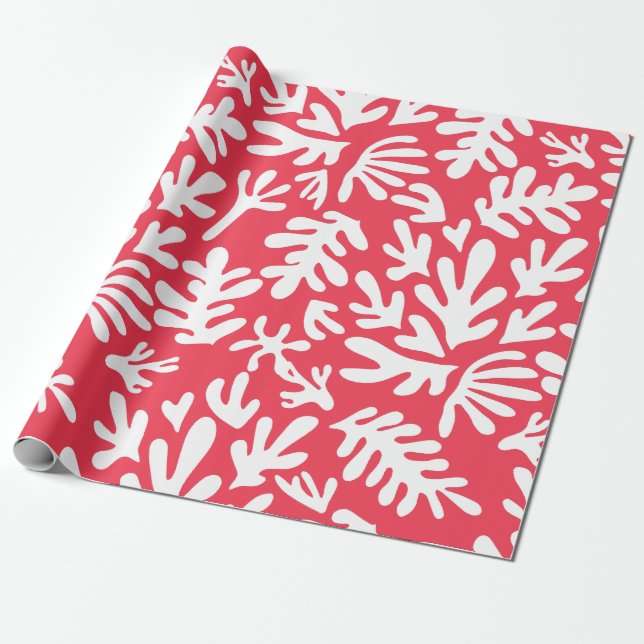 Papel De Presente Boho Matisse Formas Botânicas Natal Vermelho (Desenrolado)