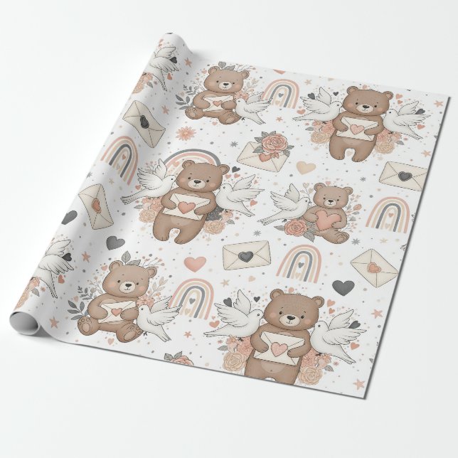 Papel De Presente Boho Nursery Teddy Bears with Rainbows -Earthy (2) (Desenrolado)