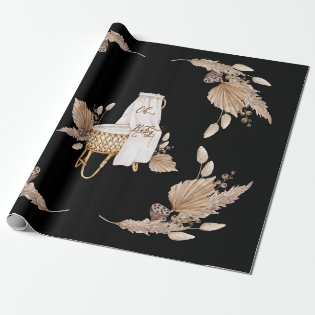 Papel De Presente Boho Oh Baby Brown e Black Bassinet (Desenrolado)