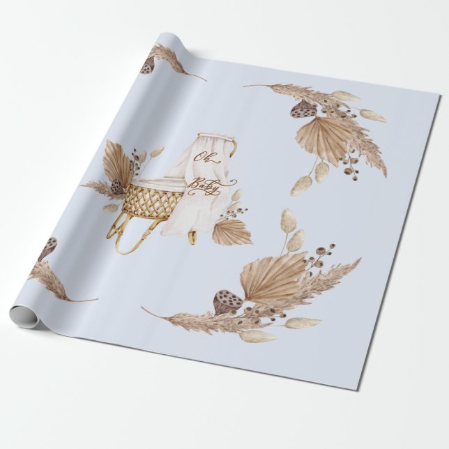Papel De Presente Boho Oh Baby Brown e Blue Bassinet (Desenrolado)