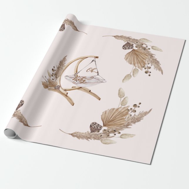 Papel De Presente Boho Oh Baby Brown e Swing Rosa (Desenrolado)