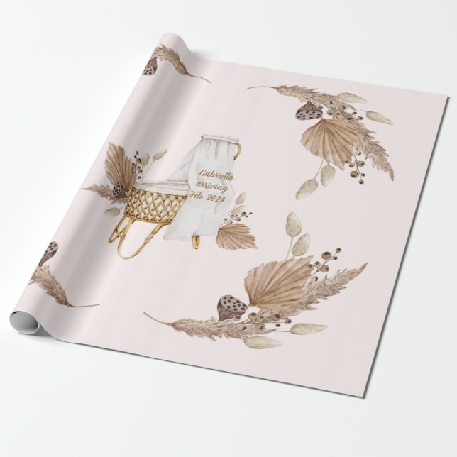 Papel De Presente Boho Oh Baby Brown Nome Rosa Chegando Data (Desenrolado)