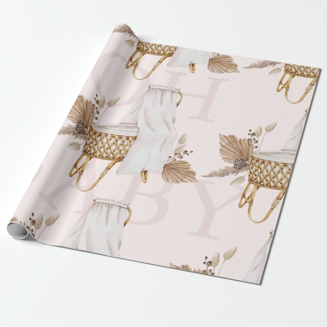 Papel De Presente Boho Oh Baby Brown & Pink Bassinet (Desenrolado)