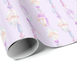 Papel De Presente Boho penas miçanga molho de aquarela roxa