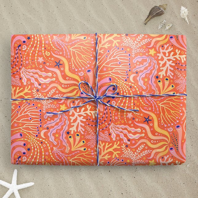 Papel De Presente Boho Praia de Seagrass Laranja (Beachy Boho Seagrass Orange wrapping paper gift mockup)