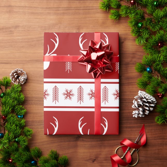 Papel De Presente Boho Red White Reindeer Snowflake Natal (Presente de Natal)