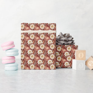 Papel De Presente Boho Rosa e Marfim Floral em Marrom Manchado