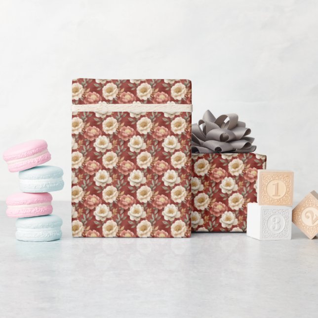 Papel De Presente Boho Rosa e Marfim Floral em Marrom Manchado (Chá de bebê)