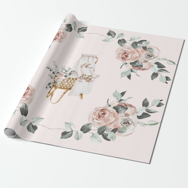 Papel De Presente Boho Rosas Oh Baby Brown e Pink Bassinet (Desenrolado)