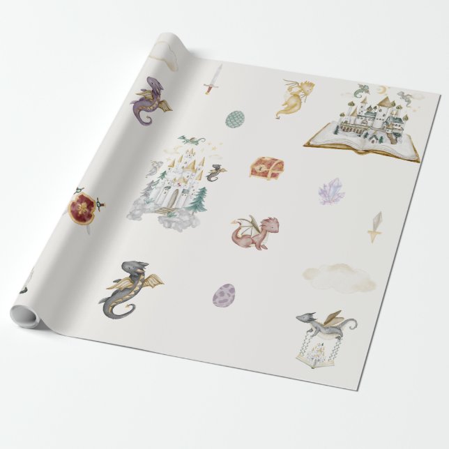 Papel De Presente Boho Storybook Dragon Baby Shower (Desenrolado)