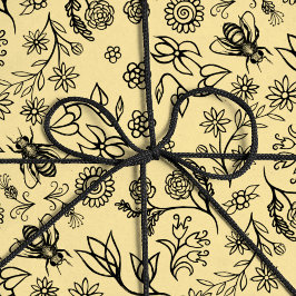Papel De Presente Boho Summer Floral Mel Padrão de Abelhas Amarelo
