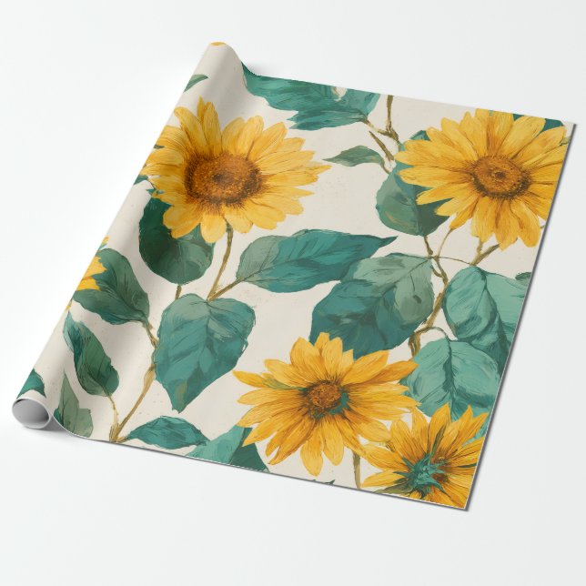 Papel De Presente Boho Sunflower Yellow Floral Pattern Spring Summer (Desenrolado)