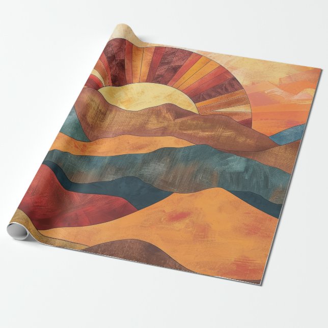 Papel De Presente Boho Sunset Sobre Montanhas - Paisagem Terrestre R (Desenrolado)