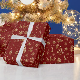Papel De Presente Boho Vermelho Dourado Brilhante Árvores de Natal D
