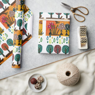 Papel De Presente Boho Woodland Cogumelos Árvores Padrão Branco Verd