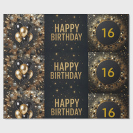 Papel De Presente Bola de Aniversário Feliz com Brilho Preto e Doura