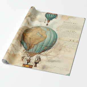 Papel De Presente Bola de Ar Quente Globo Vintage Mapa Antigo