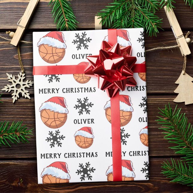 Papel De Presente Bola de Basquete com Chapéu de Papai Noel Vermelho (Criador carregado)