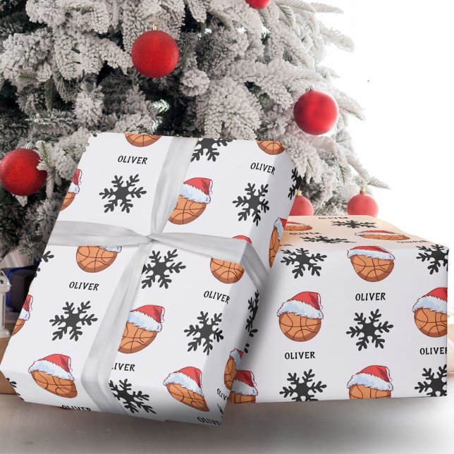 Papel De Presente Bola de Basquete com Chapéu de Papai Noel Vermelho (Criador carregado)