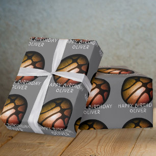 Papel De Presente Bola de Basquete Laranja Preto Esportes Aniversári