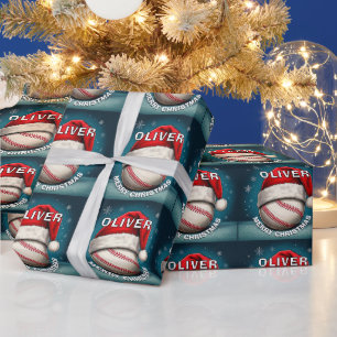 Papel De Presente Bola de Beisebol Chapéu de Natal Vermelho Nome Nat