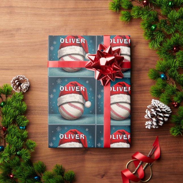 Papel De Presente Bola de Beisebol Chapéu Vermelho do Papai Noel Nom (Presente de Natal)