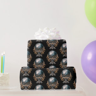 Papel De Presente Bola de Cristal Preta e Dourada Padrão de Hallowee