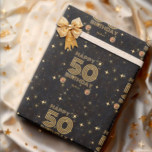 Papel De Presente Bola de Dança Disco Ouro Preto Aniversário de 50 a