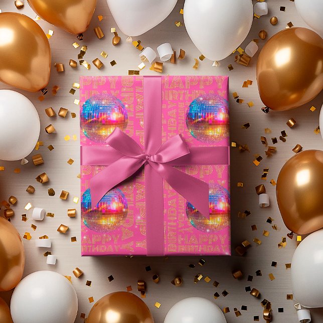 Papel De Presente Bola de Discoteca Brilho Dourado Aniversário Feliz (Criador carregado)