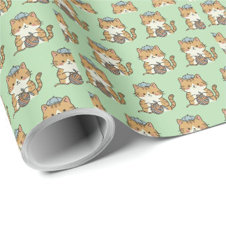 Papel De Presente Bola de Fio de Crochê de Gato Laranja Peça Estétic