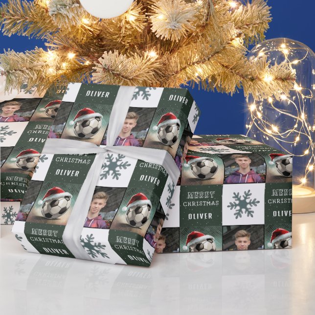 Papel De Presente Bola de Futebol com Foto de Floco de Neve com Chap (Feriados)