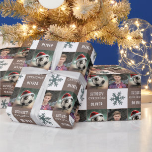 Papel De Presente Bola de Futebol com Foto de Floco de Neve e Chapéu