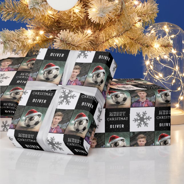 Papel De Presente Bola de Futebol com Foto de Floco de Neve e Chapéu (Feriados)