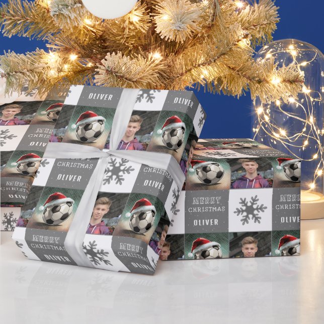 Papel De Presente Bola de Futebol com Foto de Floco de Neve e Chapéu (Feriados)