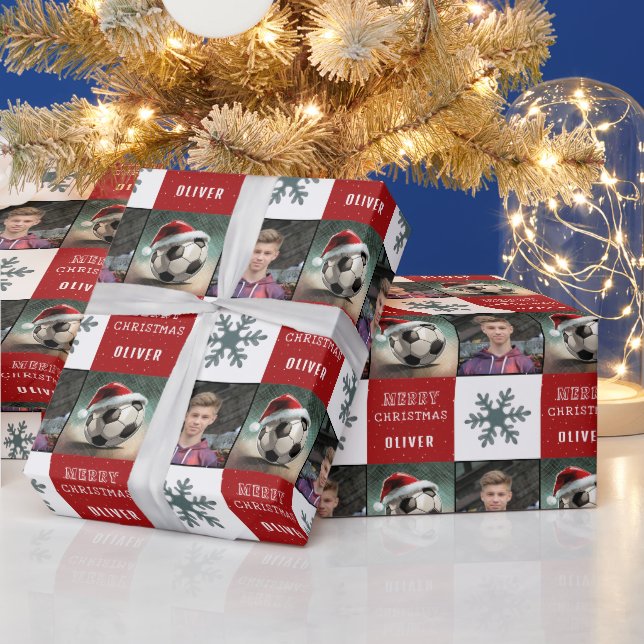 Papel De Presente Bola de Futebol com Foto de Floco de Neve e Chapéu (Feriados)