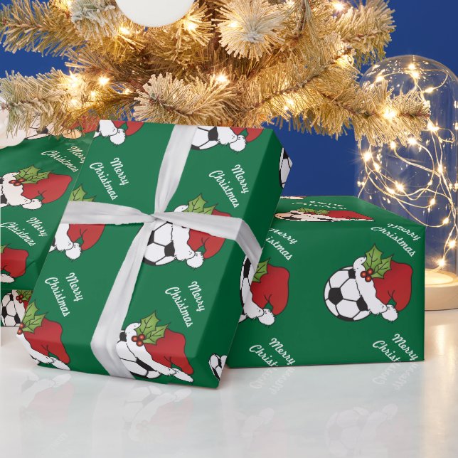 Papel De Presente Bola de Futebol de Natal com Verde Escuro (Feriados)