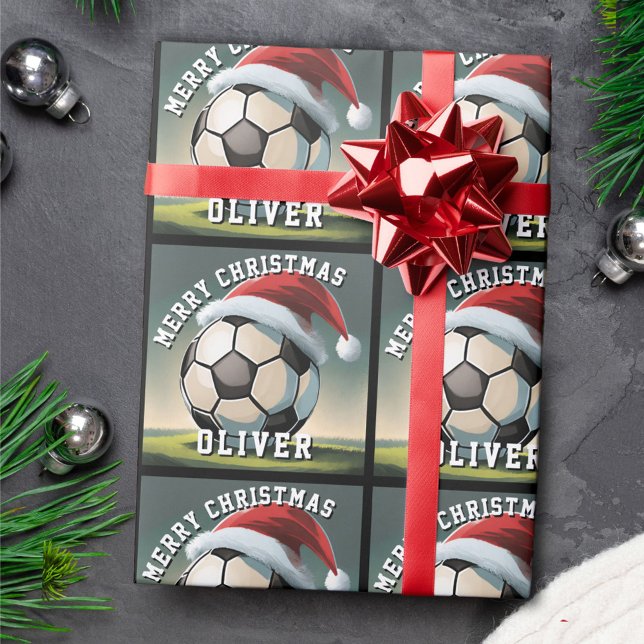 Papel De Presente Bola de Futebol de Santa Chapéu Nome Natal  (Criador carregado)