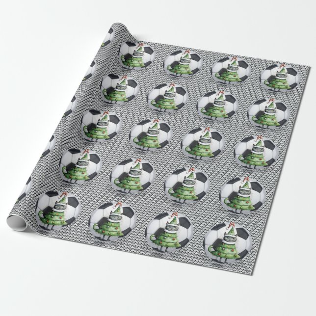 Papel De Presente Bola de Futebol para o Natal com Cat Papai Noel (Desenrolado)